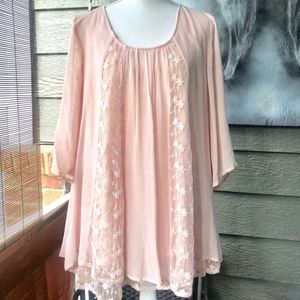 Beachy Boho Vibes Layered Lace Tunic Flowy Blouse Top Shirt Pale Peachy Pink XL